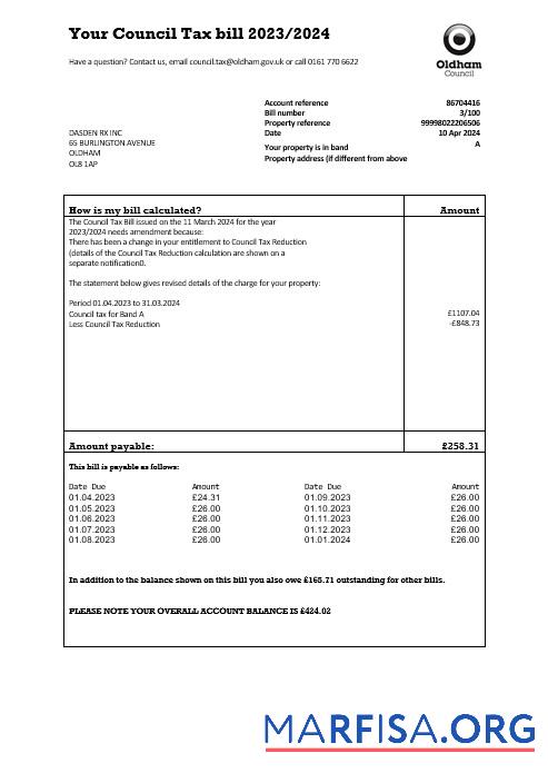 Printable United Kingdom Oldham council tax business utility bill template in Word and PDF formats